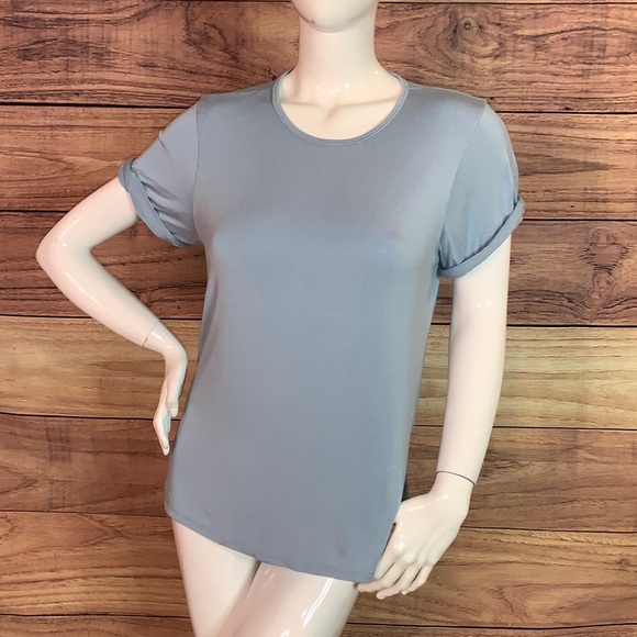 NUX Back talk open crisscross strap back silky top baby blue tee deep V sz L LG - Picture 4 of 9